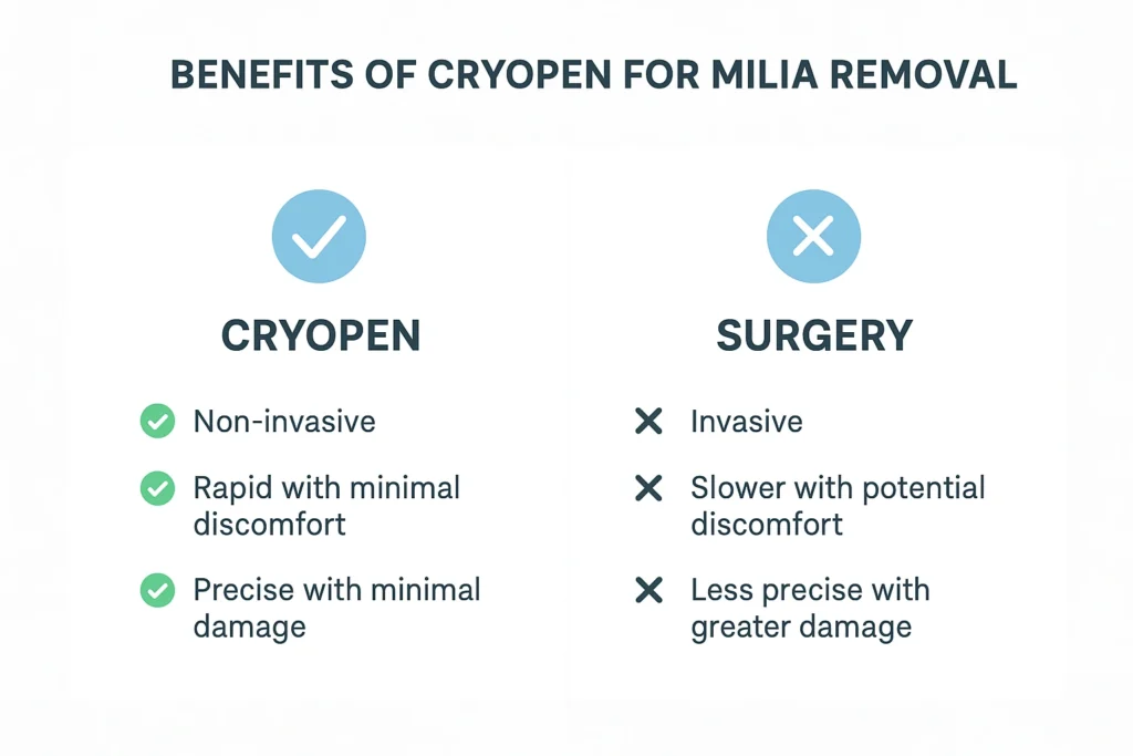 Benefits of cryopen for milia removal Havant compared to surgical treatments.