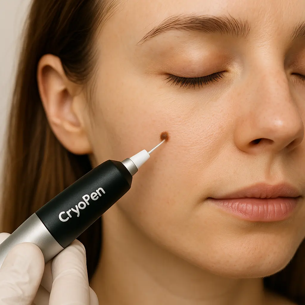 woman receiving facial mole removal Havant using cryopen 
