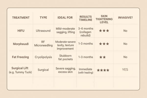 Table showing the comparisons of Skin tightening Havant treatment options.